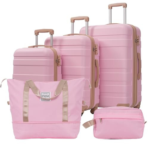Merax 5-teiliges Gepäckset, Hartschalenkoffer M-L-XL mit 4 Rollen, ABS-Material, TSA-Schloss, L-XL erweiterbar 3-5 cm, inkl. 1 Reisetasche und 1 Kulturbeutel, Rosa