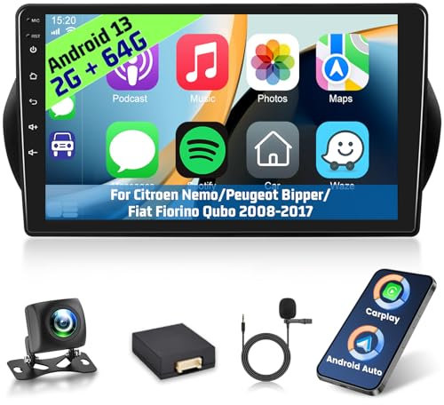 [2+64G] Android 13 Autoradio für Citroen Nemo/Peugeot Bipper/FIAT Fiorino Qubo 2008-2017 mit Wireless Carplay & Android Auto, 10.1 Zoll Touchscreen Radio mit WiFi GPS DSP FM/RDS SWC + Rückfahrkamera
