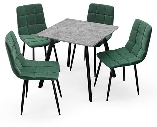 URBNLIVING 80cm Square Table with 4 Velvet Chairs | Stylish Dining Set for Apartment & Small Spaces - Concrete Table Green Chair