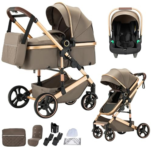 BEBBY Kinderwagen 3 in 1,Kinderwagen Buggy Mit Babyschale,Mit Höhenverstellbarer buggy Komplettset Faltbare tragbare,Buggys Mit Aluminiumrahmen für Neugeborene 0 bis 4 Jahre (H9-BROWN)