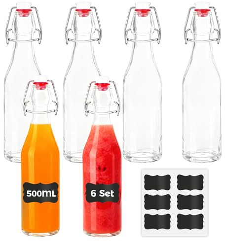 YOMKILU 6er Set Glasflaschen 500ml mit Bügelverschluss, Bügelflaschen Zum Befüllen, Flaschen mit 6 Etiketten, Abfüllflaschen für Öl, Essig, Likör, Saft, Sirup
