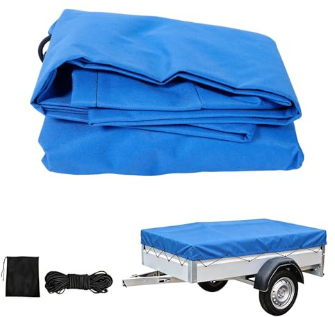 Premium Anhängerplane 258x136 cm (Rand 10cm) - 600D Oxford Gewebe Blau - Extra Reißfest & Wasserdicht - Flachplane inkl. Expanderseil & Verstärkte Ecken - Robuste Abdeckplane für PKW Anhänger