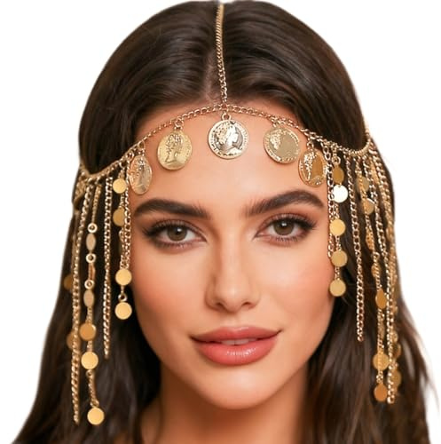 Kopfkette mit Zechinen, Göttin Kopfschmuck Gold Damen Wahrsagerin Kostüm, ägyptischer Kopfschmuck, Braut Festival Outfit Haarschmuck für Frauen und Mädchen