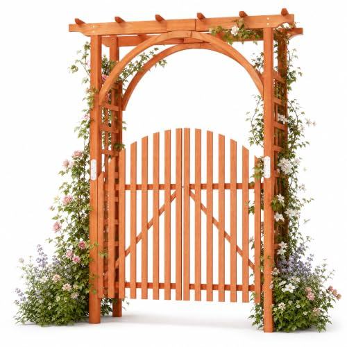 COSTWAY Arche de Jardin en Bois de Sapin Treillis pour Plantes Grimpantes | Pergola Extérieure avec Portillon, Arche à Rosiers Décorative pour Mariage Fête Entrée Patio, 161 x 60 x 216 cm