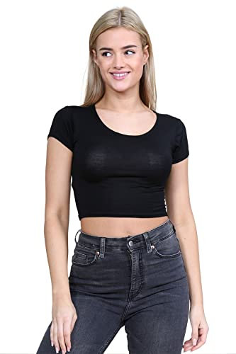 janisramone® Women's Plain Stretchy Vest Tee Mini Crop Top - Chic Cap Sleeve, Y2k Top Summer Style, Ideal Crop Tops for Women for Casual and Gym Wear Black