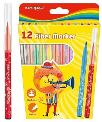 KEYROAD Filzstifte Fiber Marker / 12 Stck./ Schulfilzstifte Fasermaler mit Loch zum Aufhängen/Erwachsene und Kinder/Perfekt für Schularbeiten/Mischfarben