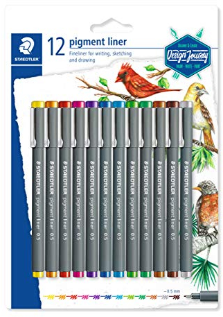 STAEDTLER bunte pigment liner, hohe Qualität, Pigmenttinte, dokumentenecht, lichtbeständig, wasserfest auf Papier, Linienbreite 0,5 mm, Blisterkarte mit 12 Farben, 30805SBK12