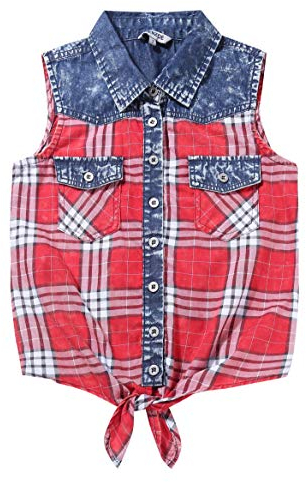 Bienzoe Fille Plaid Denim sans Manches Décontractée Chemisier Rouge/Noir 8