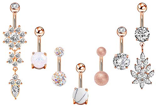 Hywean 7 Stück Bauchnabelpiercings, 316L Chirurgenstahl Bauchnabelpiercings mit Dangle Zirkonia Curved Piercing Schmuck Barbells Roségold
