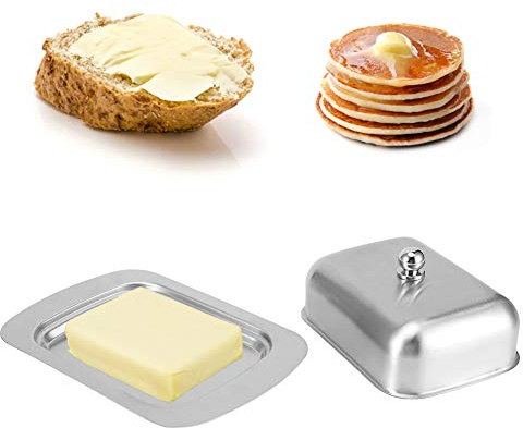 Récipient à beurre,beurrier inox beurrier à double isolation de catégorie comestible bol à dessert, pour Réfrigérateur en Acier Inoxydable Récipient à Beurre avec Aouvercle(18,5 x 12,2 x 7 cm)