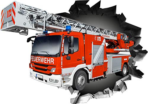 BLACK LABEL GRAFX® Wandtattoo Aufkleber WallArtML215 Wandbild Feuerwehr Auto Fire Mauerloch 3D Effekt verschiedene Größen Deko Wohnung Wohnzimmer Schlafzimmer Bad Kinderzimmer (82 x 57 cm)