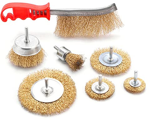 CENPEK 7 pcs Wire Brush Assembly, Brass Coated Wire Brushes for Drill Paint Peeler Rust Remover Wire Wheel and Cup Brush Assembly