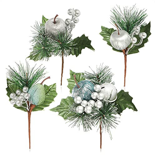 com-four® 4X Deko-Gesteck, dekorative Zweige als tolle Weihnachtsdekoration, schöner Raumschmuck, verschönert Geschenke auch für Kränze und Blumenarrangements DIY (grün - klein - mit Äpfeln)
