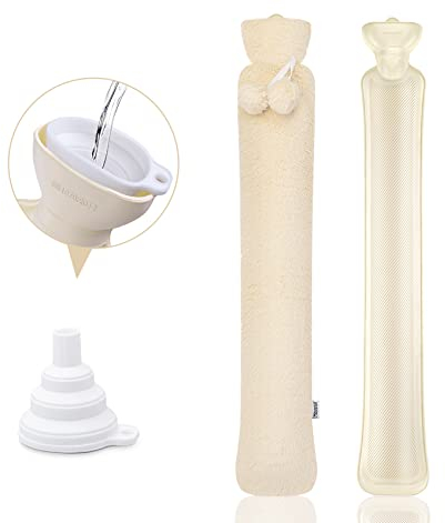 2L Lange Wärmflasche mit Bezug, Schlauch Wärmflasche Super Weich, mit Wassertrichter, faltbar, 73 cm Bettflasche für Bauch, Nacken, Füße, Beige