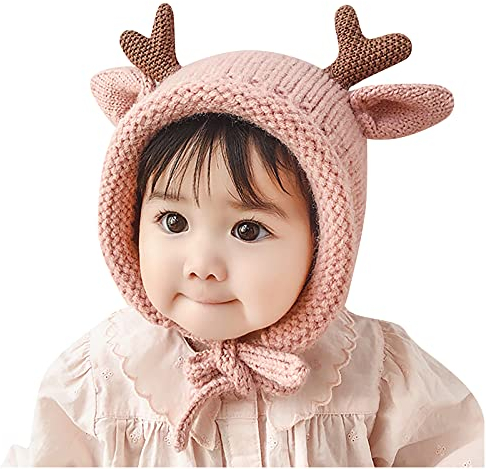 ROMIDA Baby Wintermütze Schal Schlupfmütze Warm Süßes Reh Wintermütze Schalmütze Strickmütze mit Bommel Fleecefutter Beanie Mütze Kinder Bommelmütze Schalmütze Strickmütze mit Pompom, Rosa, 44-48cm