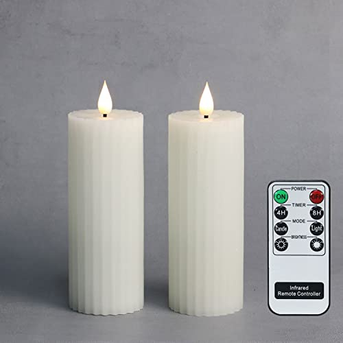 Fanna White Slim Column Battery Operated Flameless LED Candles, Christmas Pillar Candles Stripe Design, Batteries and Remote Included - Set of 2(D 5.5 cm x H 15 cm)