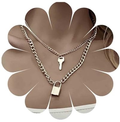 Yheakne Punk Lock Key Pendant Necklace Gold Padlock Choker Necklace Layered Love Lock Necklace Vintage Curb Chain Necklace Jewelry for Women and Girls Couple Gifts (Gold)