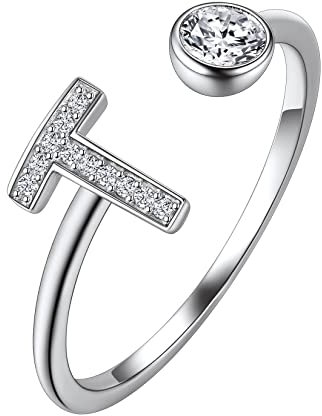 Suplight Damen Offener Ring 925 Sterling Silber Solitärring Diamant Initiale Alphabet Fingerring mit Buchstabe T Geschenk für Frauen Mädchen
