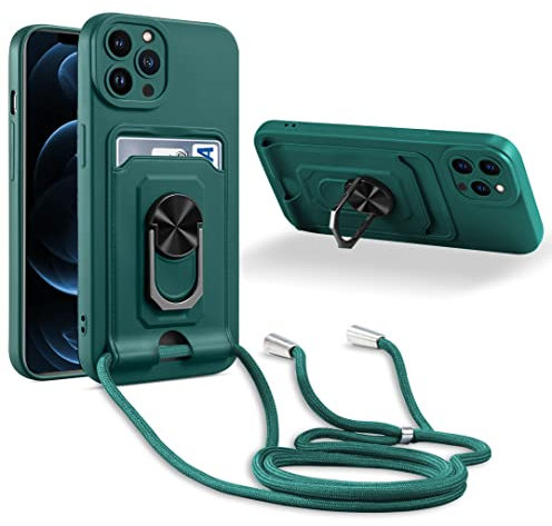 JMstore Coque Cordon de Collier Compatible avec iPhone 12 Pro, 360°Anneau Support avec Fente Carte Protection de la caméra Silicone Case-Vert