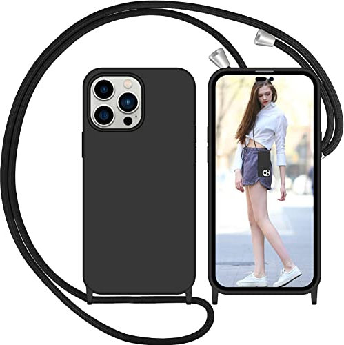 Nupcknn Coque avec Cordon pour iPhone 14 Pro Max, Liquide Silicone Coque Collier Réglable Téléphone Étui Portable Lanyard Case Protection Complète Cover de iPhone 14 Pro Max(Noir, 6.7)