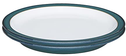 Denby - Greenwich Dinner Plates Set of 2 - Dishwasher Microwave Safe Crockery 26.5cm - Glazed Green, White Ceramic Stoneware Tableware - Chip & Crack Resistant