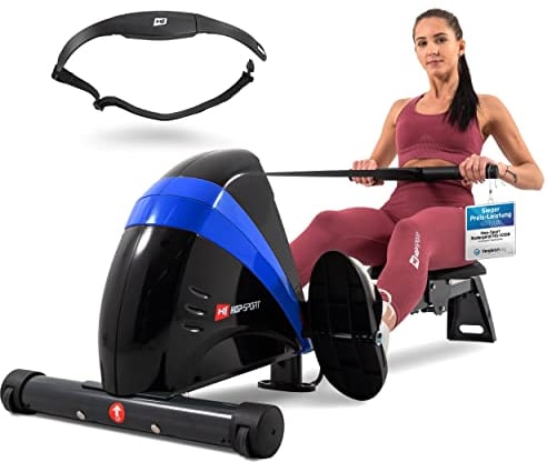Hop-Sport Rudergerät für Zuhause Boost – Rudergerät klappbar mit kugelgelagertem Sitz, Computer & Magnetbremssystem, 10 Stufen - Rudermaschine max. Nutzergewicht 120kg + Pulsgurt (Blau)
