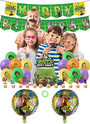 CMDXBD Decoración Cumpleaños Plants vs Zombies: 1 Pancarta Feliz Cumpleaños, 20 Globos Látex, 21 Adornos Pasteles, 2 Globos Aluminio Verde