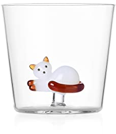 Ichendorf Milano Tumbler Gatto Sdraiato, Bianco con Coda Ambra, Collezione Tabby Cat, 35 cl, Vetro Borosilicato, Fatto a Mano