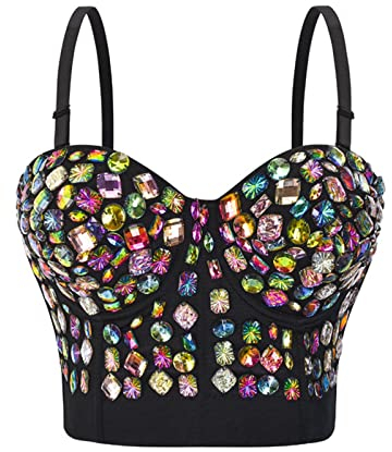 Damen Strass Diamant Korsett Bustier BH Dessous Push Up Gothic Punk Tank Top Trägertop Glitzer Crop Top Corsage Pailletten Clubwear Shirt Unterhemd Top Kostüm für Nachtclub Party