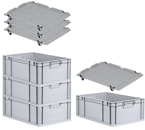 PROREGAL SuperSparSet 4x Eurobox NextGen Grip mit Auflagedeckel & 4 schwarzen Schiebeschnappverschlüssen, HxBxT 22x40x60cm, 44 L, Grau, Griffe geschlossen, Eurobehälter, Transportbox
