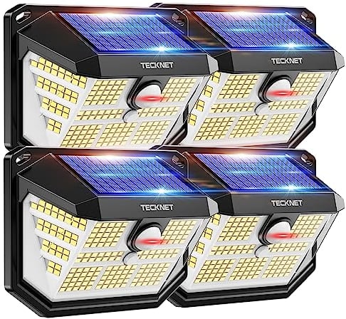 TECKNET Solarlampen für Außen, 【4 Stücke】 231 LED Solarlampe 300° Superhelle mit Bewegungsmelder 3 Modi IP65 Wasserdichte Wandleuchte für Wand Post Pathway Garten Garage