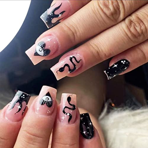 24 PCS Court Faux Ongle Imprimé Serpent Faux Ongle Oeil du Diable Faux Ongle Noir avec Blanc Faux Ongle Crinière Étoilée Faux Ongle À Pois Faux Ongle Art pour Femmes et Filles Décoration Quotidienne