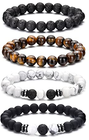 Bracelet œil de tigre pour hommes, ensemble de bracelets de perles en pierre naturelle de 8MM, bracelets extensibles en pierre de lave, réglables, en perles de cristal noir, cadeaux pour hommes