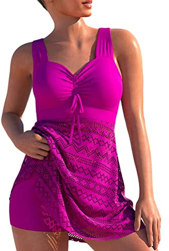 Femme Bikini Set Ventre Push up Maillots de Bain 2 pièces Dentelle Découpé Evidé Top Tankini Swimsuits avec Short de Bain Cover up Grande Taille (Rose,2XL)