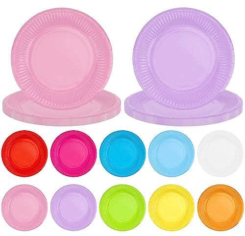 JYUHA 100 Pack Colorful Party Paper Plates - 7 Inch Round Rainbow Coloured Plates for Dinner, Birthday, Picnic & DIY Painting (10 Colors)