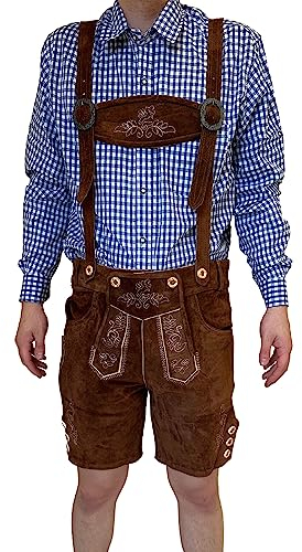 Dretaild Herren Lederhose Tracht Kurz mit Hosenträgern Rindleder Trachtenhose Premium Tracht Oktoberfest Volksfest Kurz geschnitten mit stilvollen Riemen (Braun, 58)