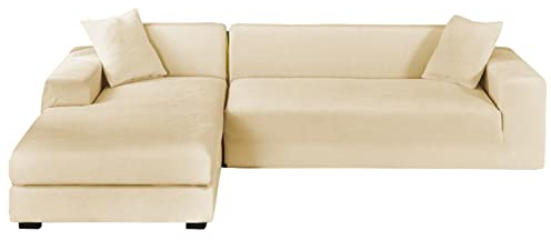 GUYIRT Samt Sofabezug L Form, 2-teiliger Stretch L Form Sofa überzug rutschfest Couchbezug L Form Weicher Möbelschutz Für Ecksofa -Beige-3+2 Sitzer
