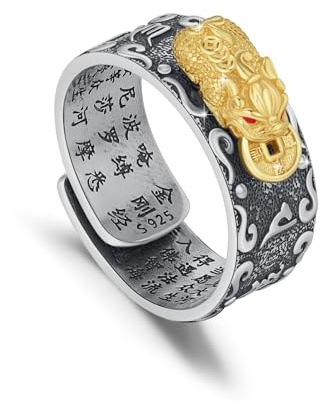 ECHOOY Feng Shui Pixiu 925 Sterling Silber Einstellbar Ring - Buddhist Amulett Schmuck für Schutz, Reichtum, Glück und Gesundheit - Geschenk für Männer Frauen