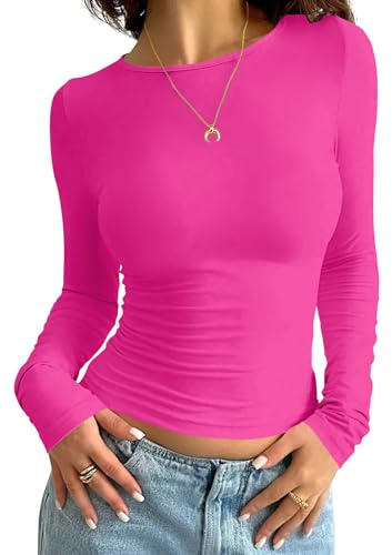 Minetom Damen Langarmshirt Slim Fit Rundhals Langarm T-Shirt Y2K Tops Oberteile Einfarbig Basic Crop Top Casual Y2K Aesthetic Clothes Streetwear Clean Girl Klamotten