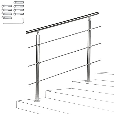 Fiqops Corrimano in acciaio inox, Ringhiera per scale esterni e interni 160 cm con 3 barre trasversali Ø 42 mm regolabile ad angolo per scale, giardino, ingresso casa, parapetto
