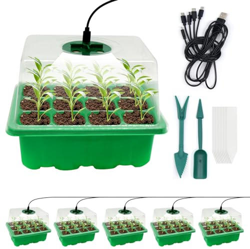 Horuili 5 pezzi Mini serra per piante, mini kit per la coltivazione in serra con luce, serra per piante con coperchio e prese d'aria, con 2 strumenti e 10 etichette, per serra, giardinaggio