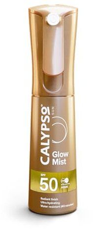 Calypso Glow Mist SPF50 | Strahlendes Haut-Glow-Finish, schützendes Sonnenspray, wasserfest, nicht klebender transparenter Sonnenschutz, hoher UVA- und UVB-Schutz, 100 ml