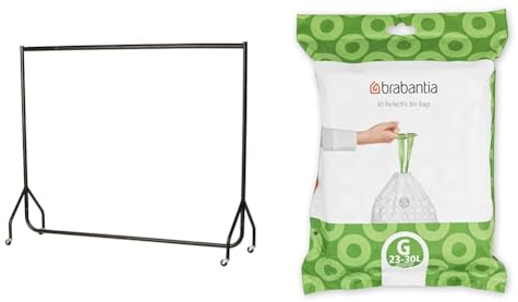 The Shopfitting Shop Heavy Duty Clothes Rail Garment Rail 6ft Long x 5ft High Metal Storage Hanging Rack & Brabantia Bin Liners, Size G, 23-30 L - 40 Bags,White,375668