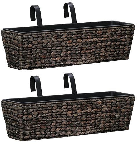 Rantry Casa Jardinières de jardin 2 pièces Balcon en jacinthe Tressé Vase d'extérieur pour fleurs, jardinières, grand mur pour extérieur, porte-fleurs en jacinthe tressé marron, 60 x 20 x 18 cm