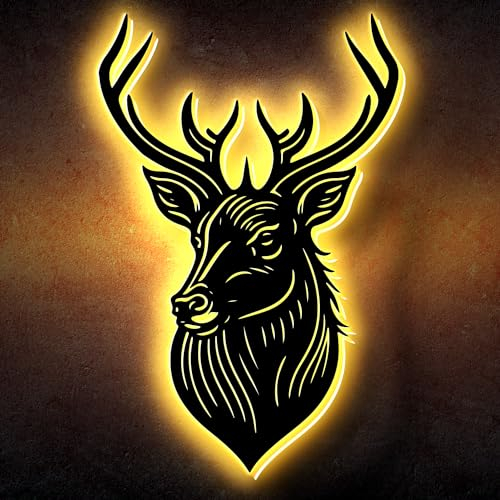 LEON FOLIEN Led Hirschkopf Hirsch Wanddeko Dekoration Geschenke MDF Holz für Männer Frauen Jäger Hirschgeweih Weihnachtsdeko I Batteriebetrieb in 7 Farbe