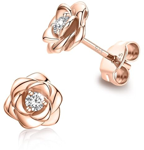1 Paar Rose Ohrstecker Rosegold Ohrringe Damen mit Strasssteinen, Blumen Ohrringe Silber 925 Stecker Schmuck Damen mit Geschenkbox, Geburtstagsgeschenk für Frauen Mädchen Freundin. (Rosegold)