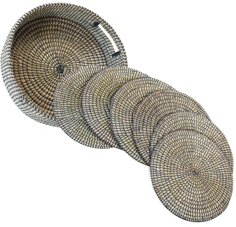 Seagrass Placemats, Handwoven Straw, Natural Organic Aesthetic (Black, Set of 6 & Holder)