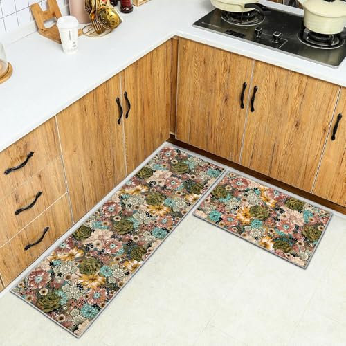 HSGLGNA Küchenteppiche 2 Stück, Rutschfestes Küchenmatten,6mm Dick rutschfest Wasserdicht Pflegeleicht, Anti-Müdigkeit Küchenteppich Teppich Läufer für Küche (Style L, 43x75+43x150cm)