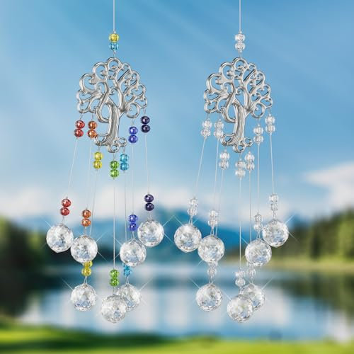 Kristall Sonnenfänger, 2er Set Baum des Lebens Suncatcher mit Kristallkugel Anhänger, Fensterdeko Regenbogen Hängend, Kristalle Sonnenfänger Windspiel Hanging Deko für Fenster Garten