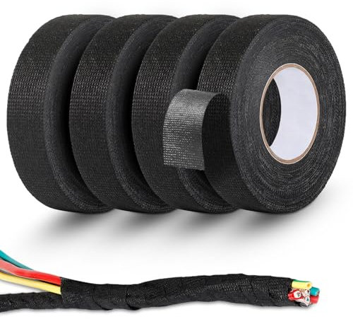 LTMMC 4 Rolls Black Electrical Tape Strapping Tape, Strong Self-Adhesive Fabric Tape, Heat Resistant Insulation Tape For Wiring Harnesses, Repairing and Protecting Wires(19mm x 15m